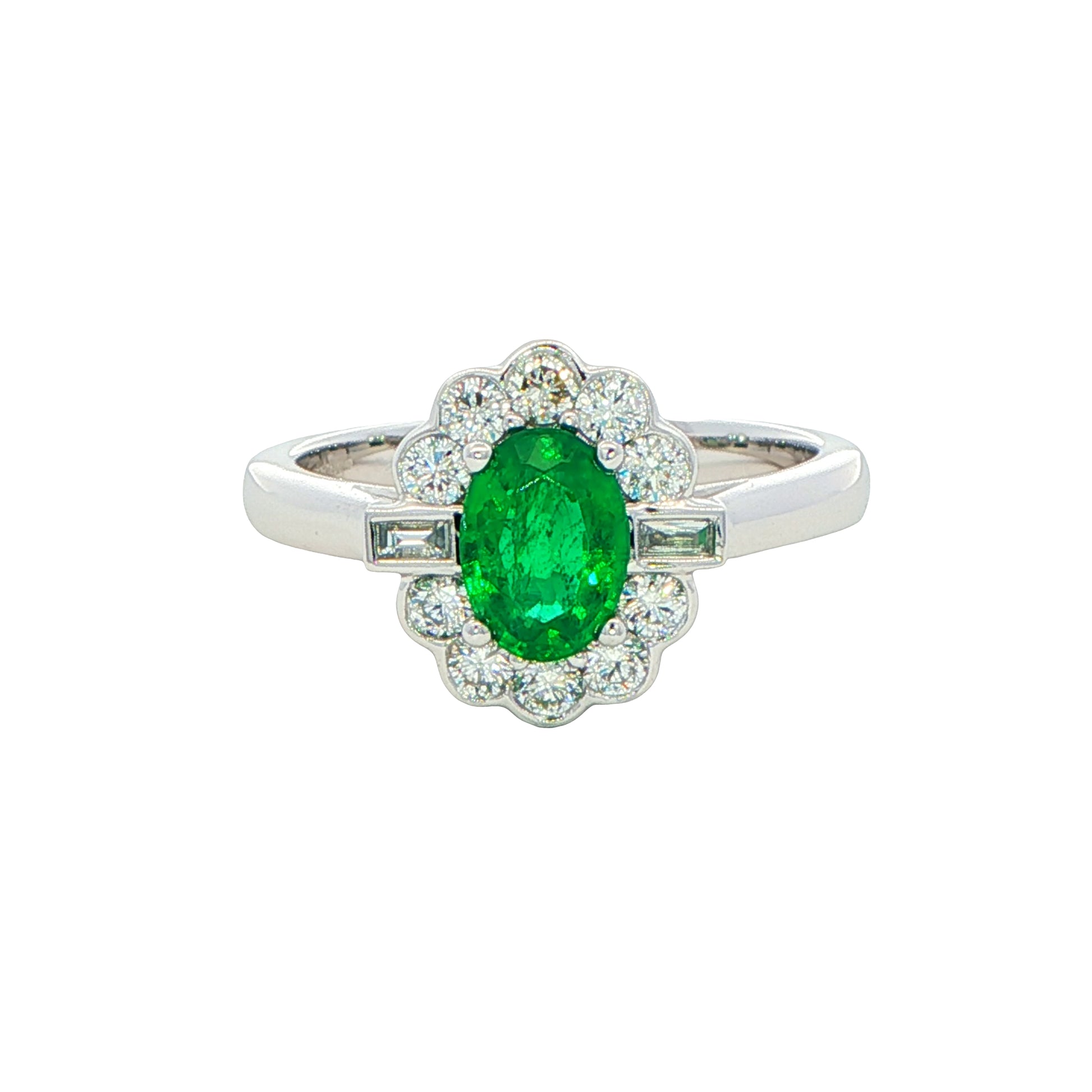 Oval emerald and diamond fancy cluster style ring Gardiner Brothers