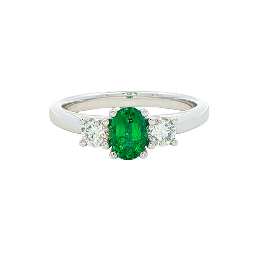 Oval Emerald and Round Brilliant Cut Diamond 3 Stone Ring Gardiner Brothers
