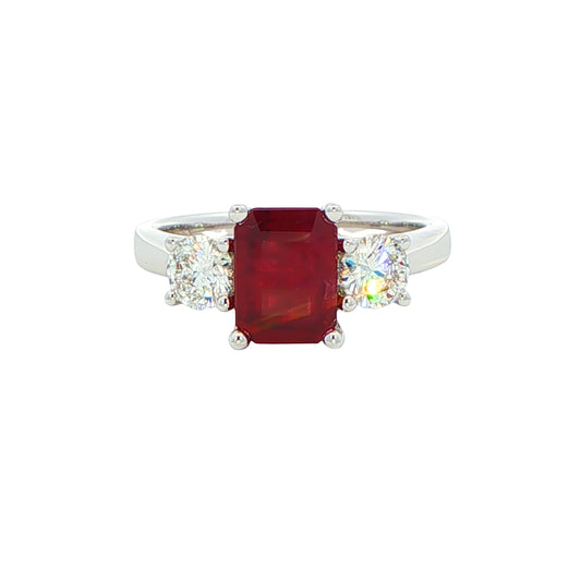 Octagonal shaped ruby with round brilliant cut diamond 3 stone ring Gardiner Brothers
