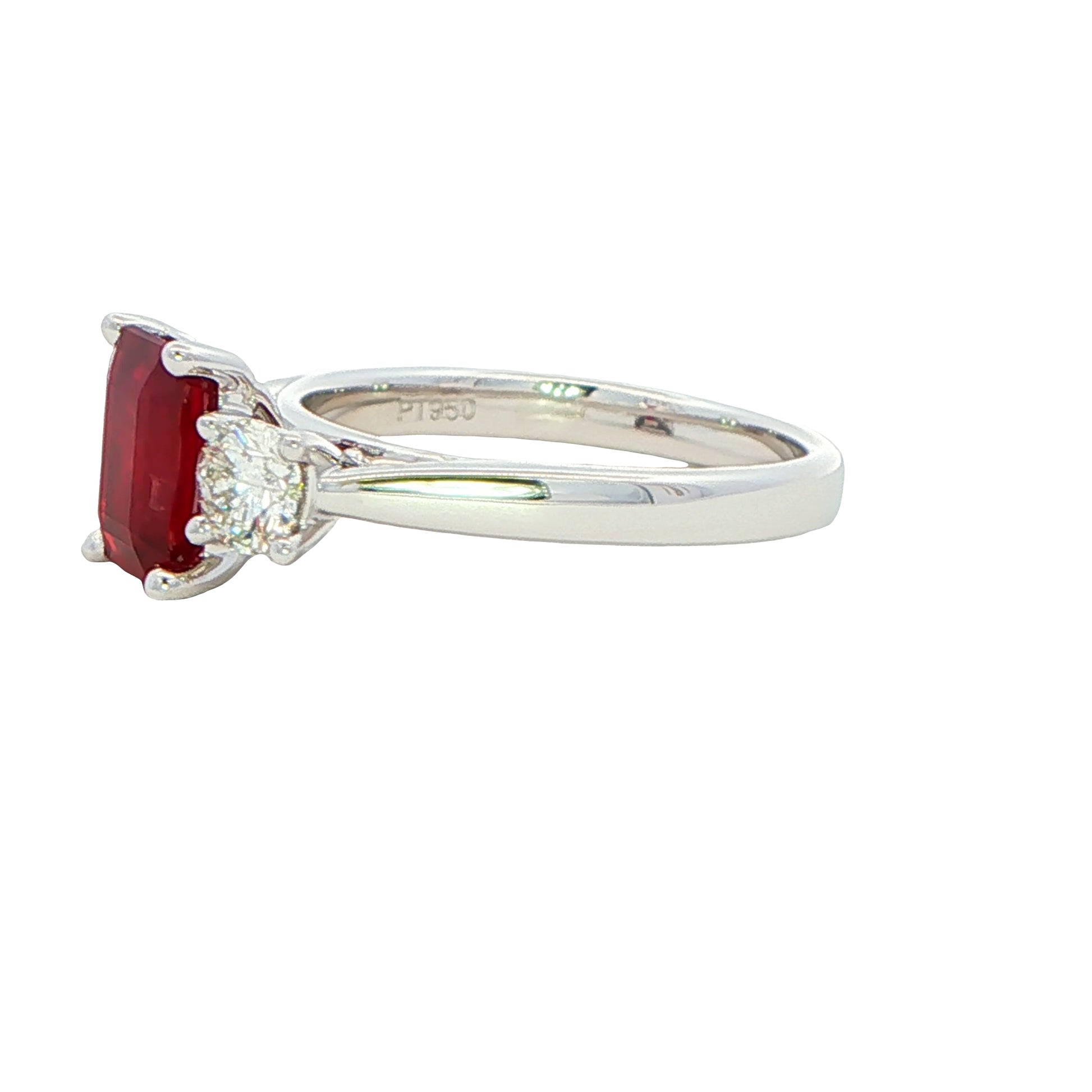 Octagonal shaped ruby with round brilliant cut diamond 3 stone ring Gardiner Brothers