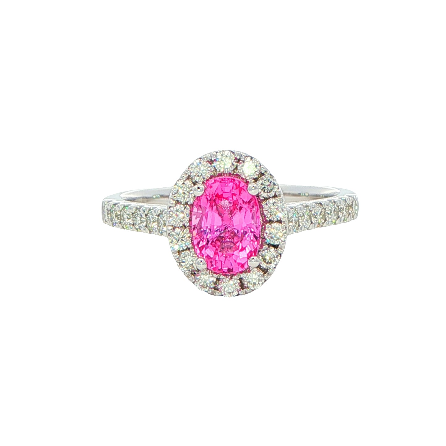 Pink Sapphire and diamond halo style ring Gardiner Brothers