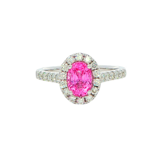 Pink Sapphire and diamond halo style ring Gardiner Brothers