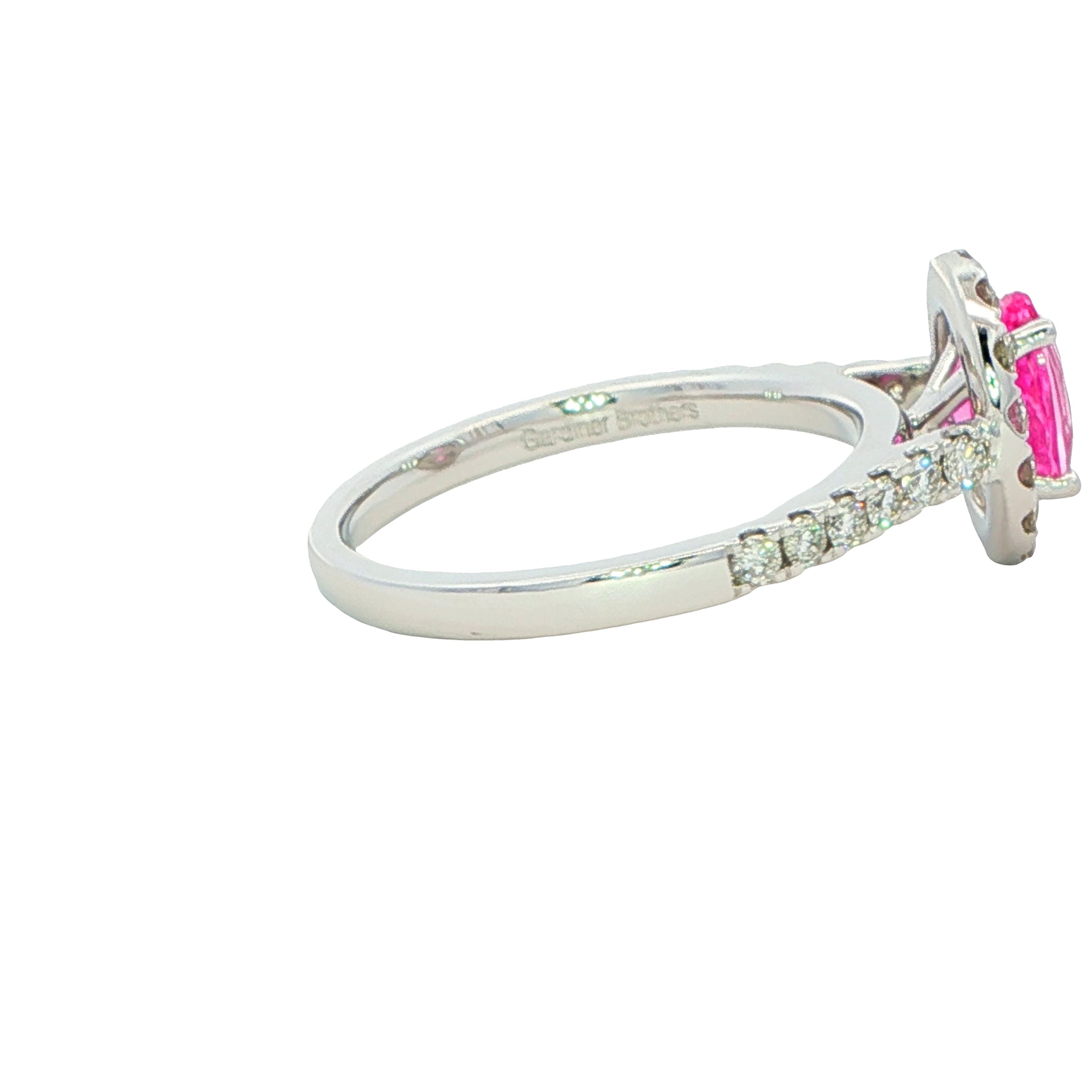 Pink Sapphire and diamond halo style ring Gardiner Brothers