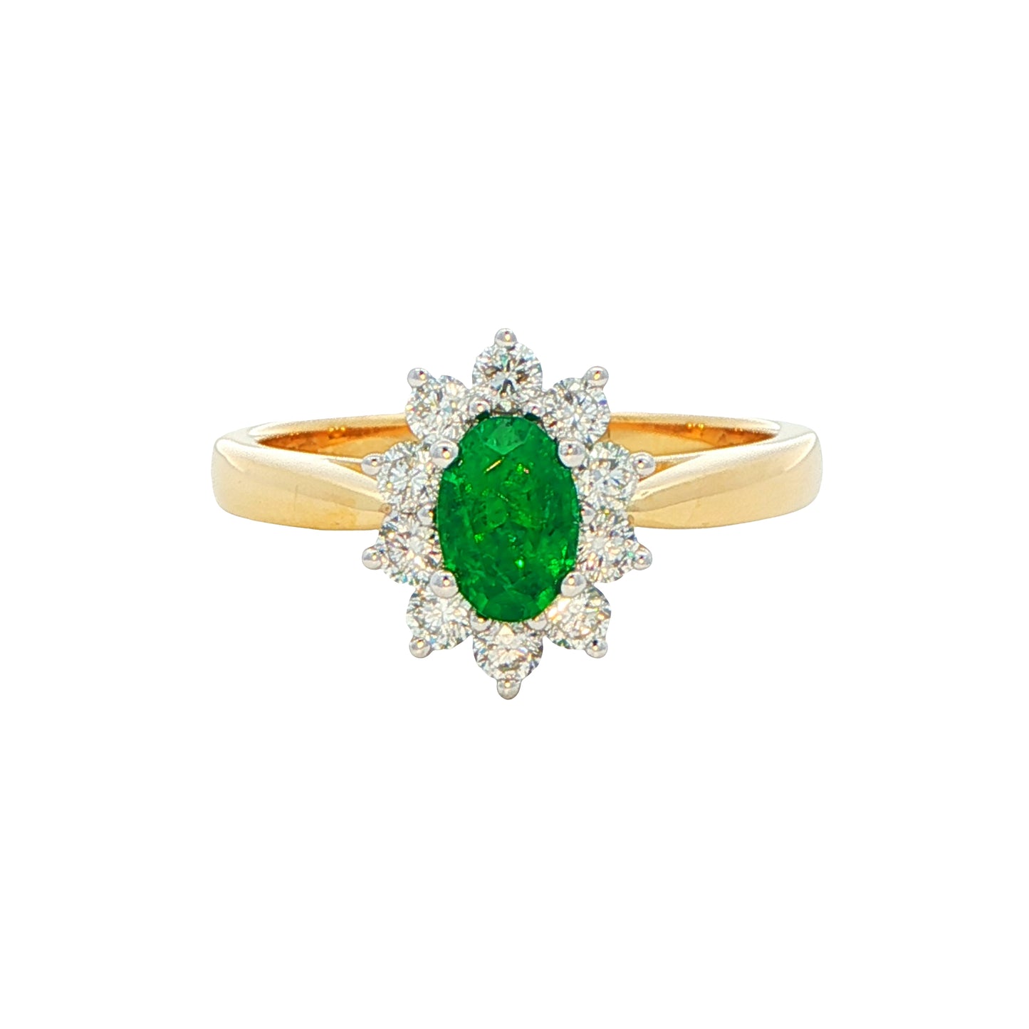 Emerald and round brilliant cut diamond cluster ring Gardiner Brothers