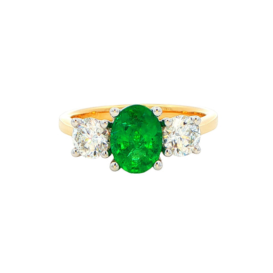 Oval Emerald and Round Brilliant Cut Diamond 3 Stone Ring Gardiner Brothers