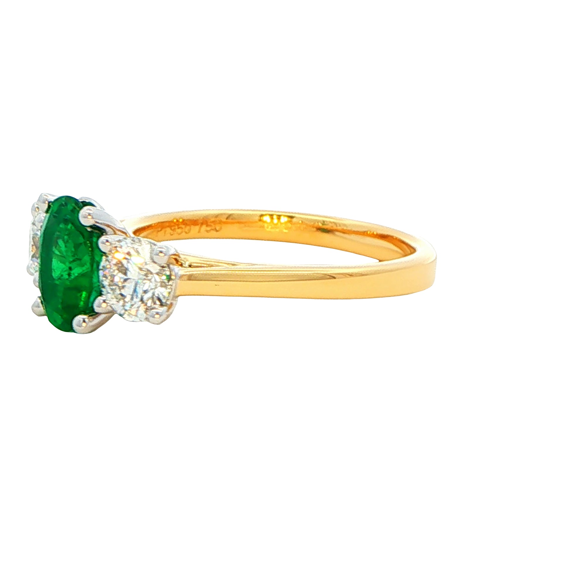 Oval Emerald and Round Brilliant Cut Diamond 3 Stone Ring Gardiner Brothers