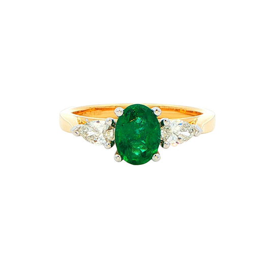 Oval emerald and pear shaped diamond 3 stone ring Gardiner Brothers