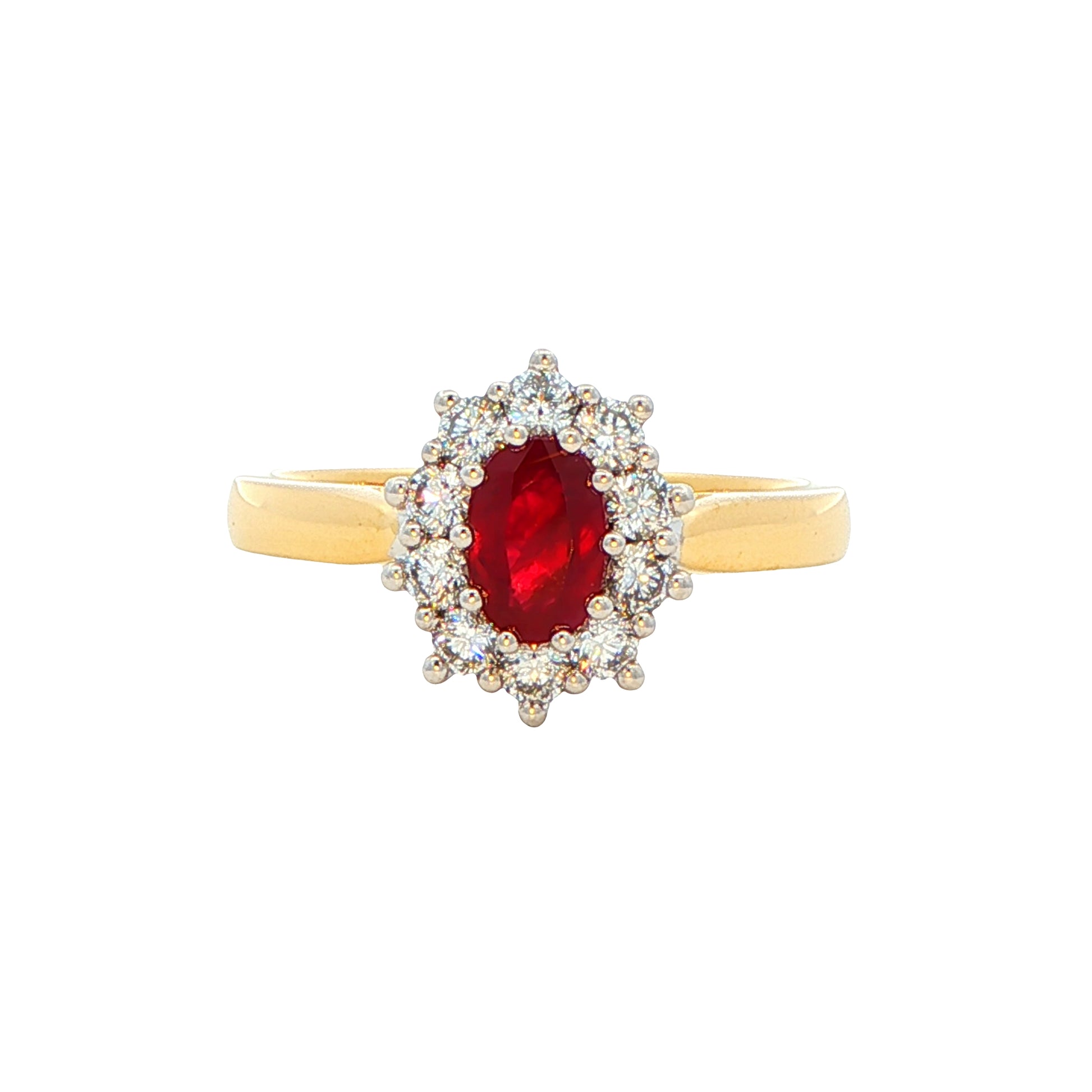Oval Shaped Ruby and round brilliant cut diamond cluster style ring Gardiner Brothers
