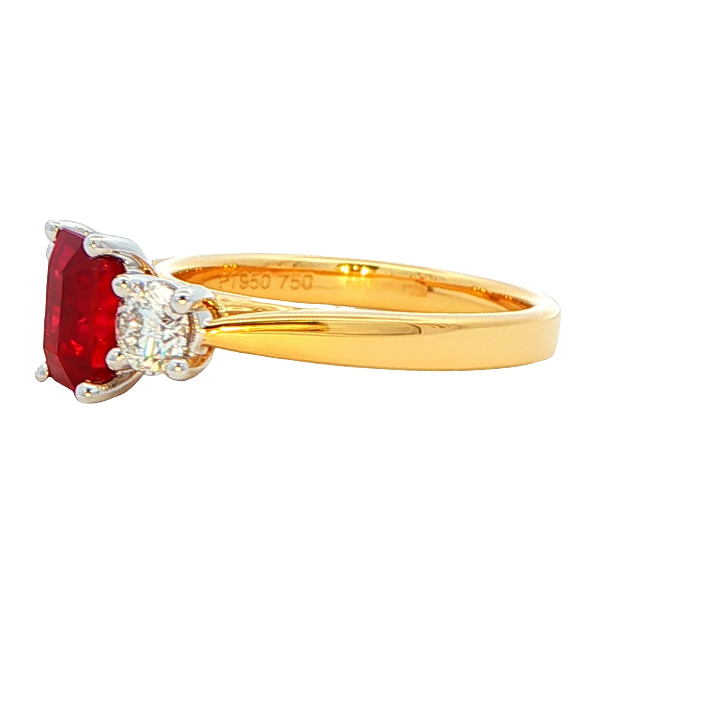 Octagonal Ruby and round brilliant cut diamond 3 stone ring Gardiner Brothers