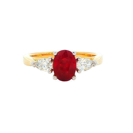 Oval Ruby and pear shaped diamond 3 stone ring Gardiner Brothers
