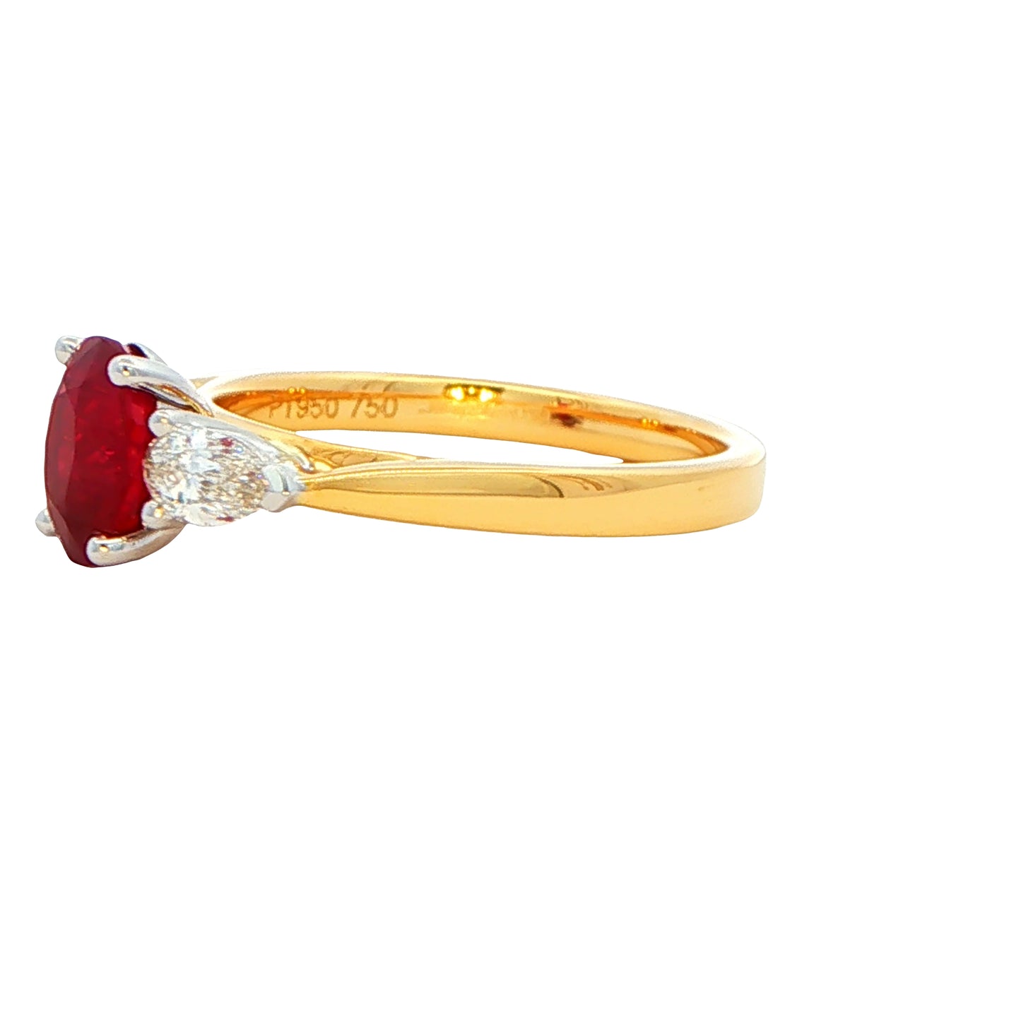 Oval Ruby and pear shaped diamond 3 stone ring Gardiner Brothers