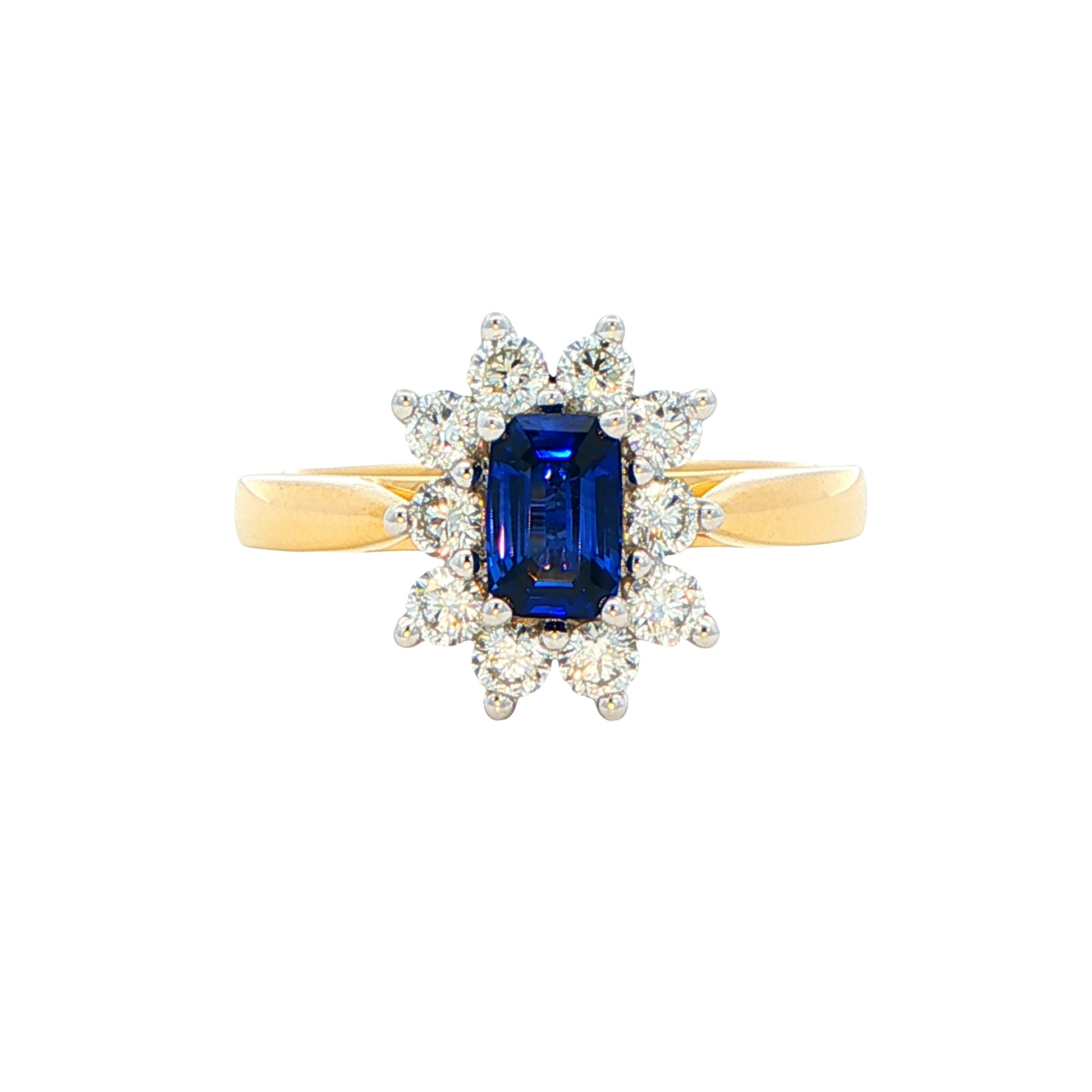 Octagonal Shaped Sapphire and round brilliant cut diamond cluster ring Gardiner Brothers