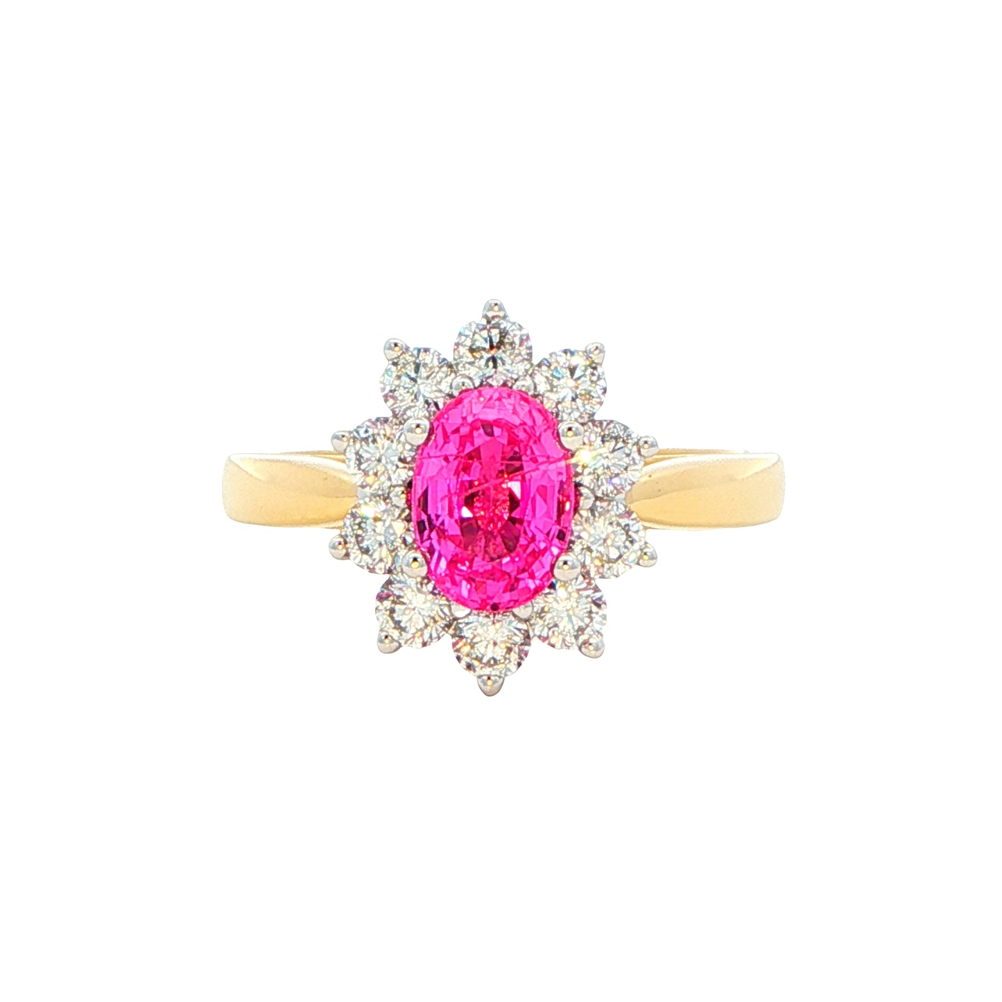 Oval shaped pink sapphire and round brilliant cut diamond cluster ring Gardiner Brothers