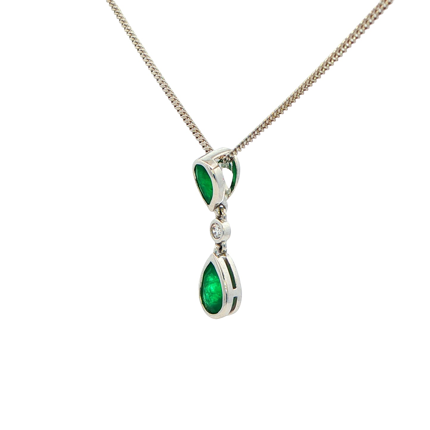 Pear Shaped Emerald and Round Brilliant Cut Diamond Drop Style Pendant Gardiner Brothers