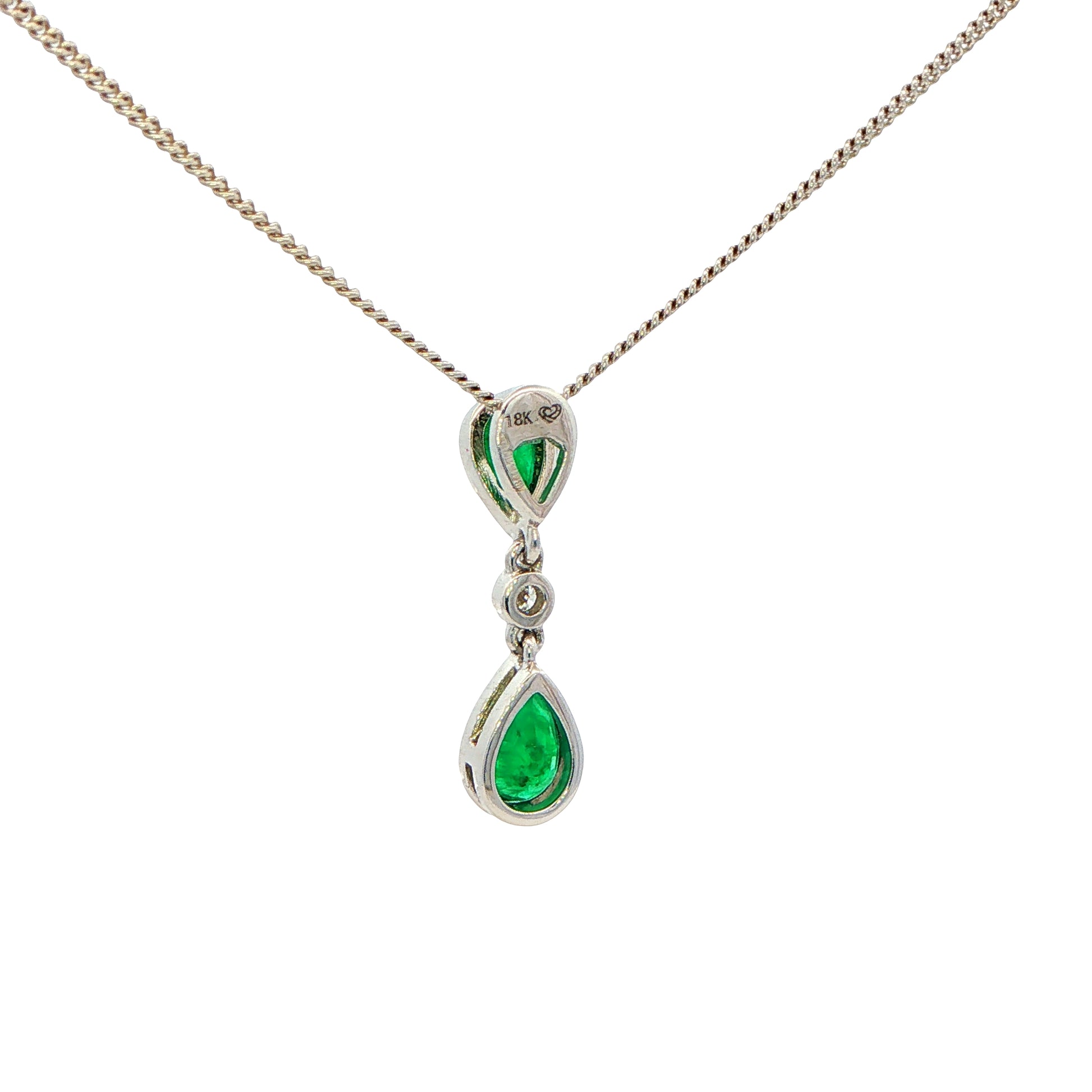 Pear Shaped Emerald and Round Brilliant Cut Diamond Drop Style Pendant Gardiner Brothers