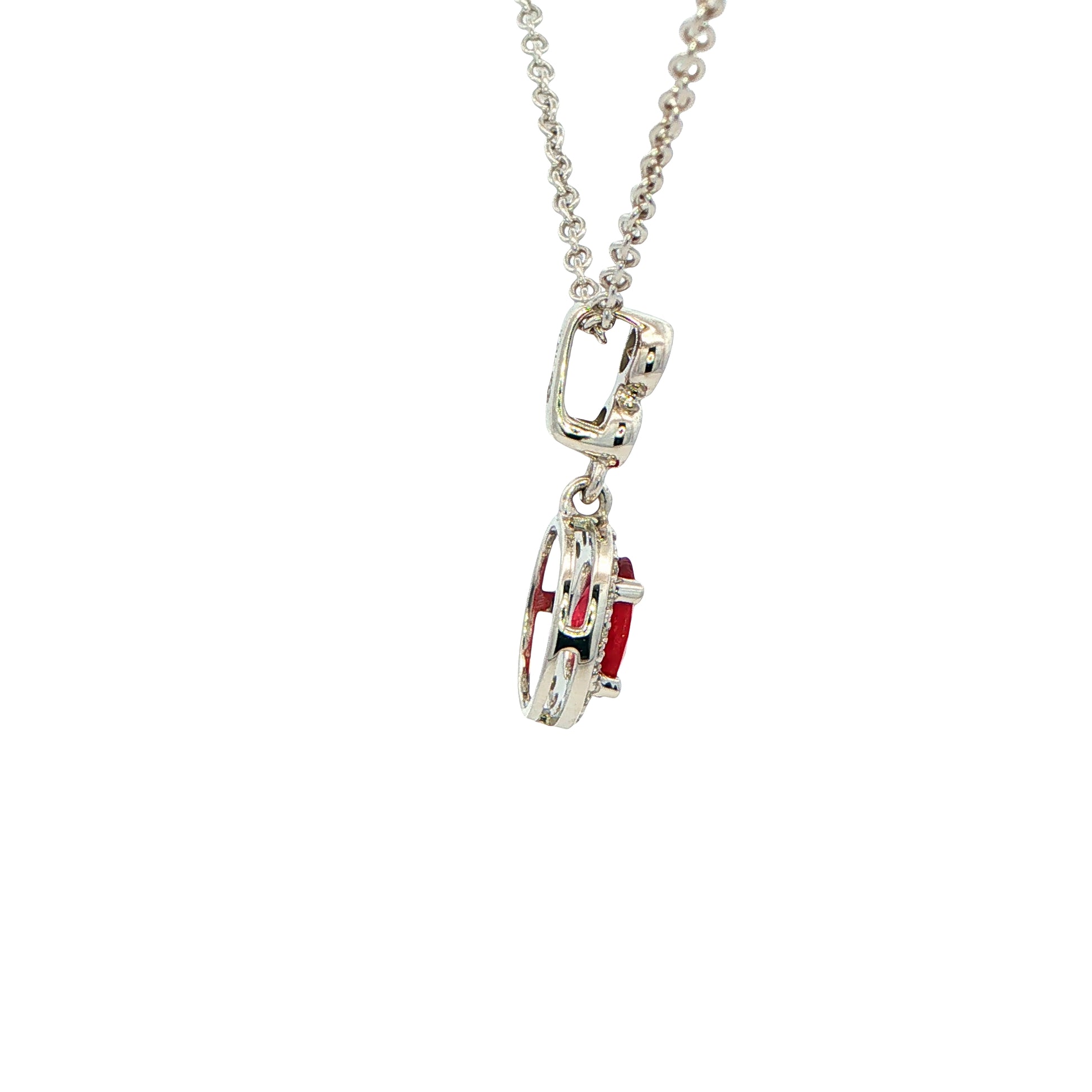 Ruby and Round Brilliant Cut Diamond Halo Drop Style Pendant Gardiner Brothers