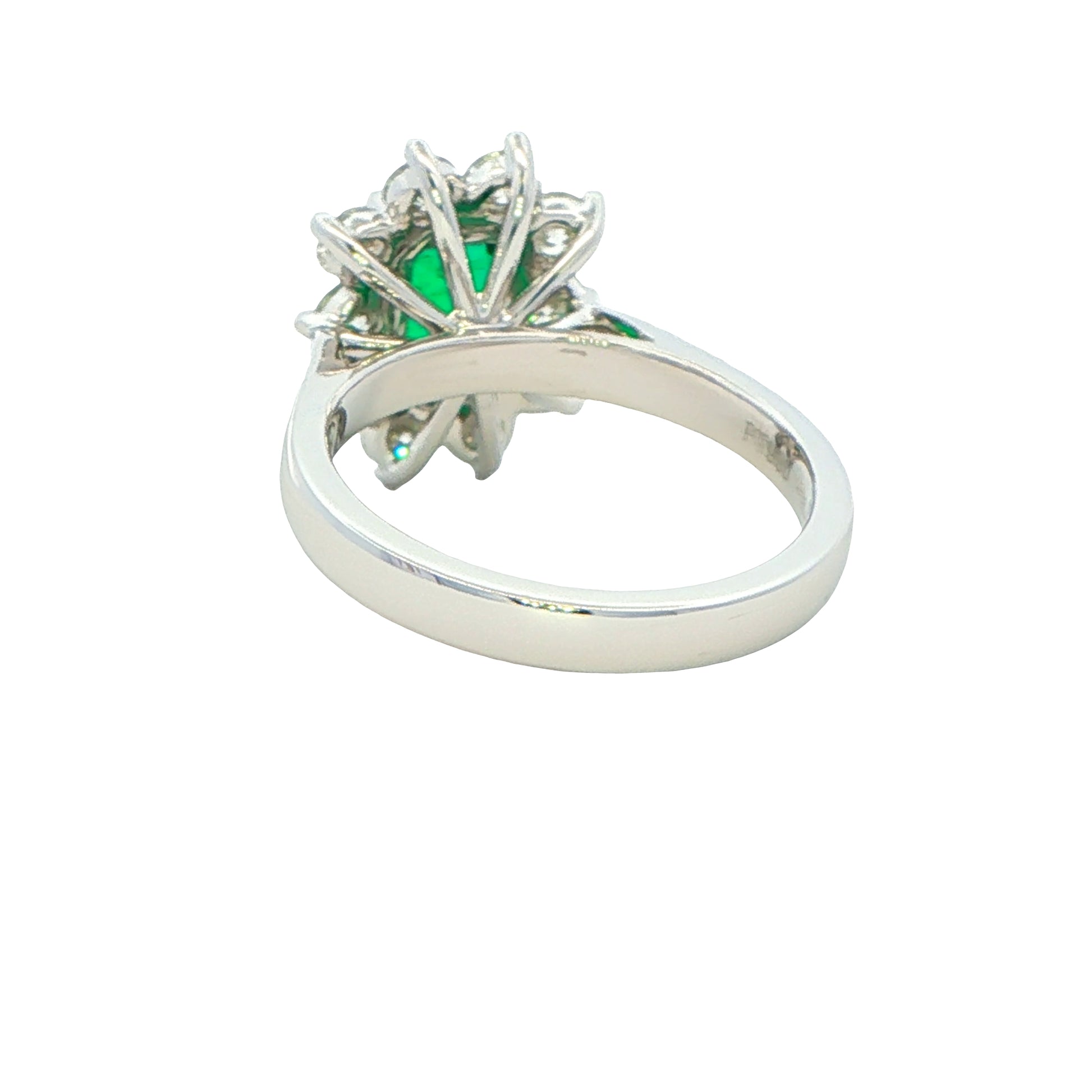 Octagonal shaped emerald and round brilliant cut diamond cluster style ring Gardiner Brothers