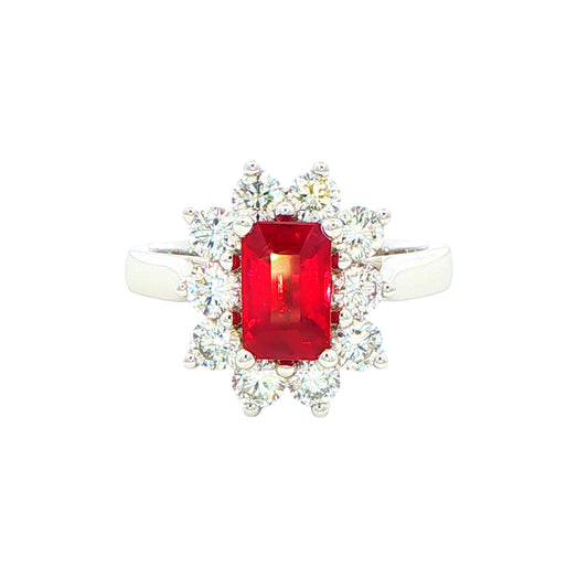 Octagonal shaped ruby and round brilliant cut diamond cluster ring Gardiner Brothers