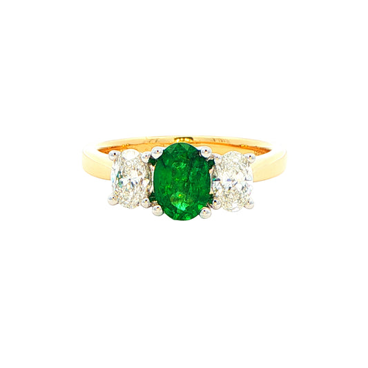Oval shaped emerald and oval diamond 3 stone ring Gardiner Brothers