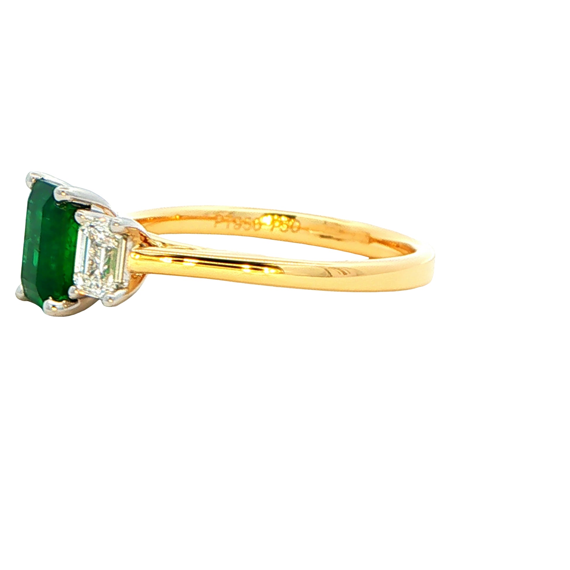 Octagonal shaped emerald and emerald cut diamond 3 stone ring Gardiner Brothers
