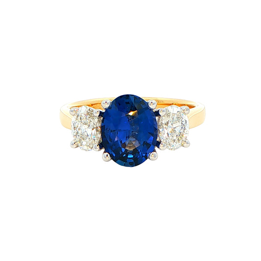 Oval shaped Sapphire and oval diamond 3 stone ring Gardiner Brothers