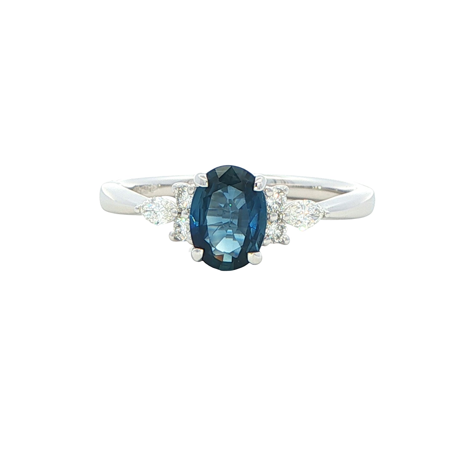 Oval shaped sapphire with brilliant and Marquise diamond set shoudlers Gardiner Brothers