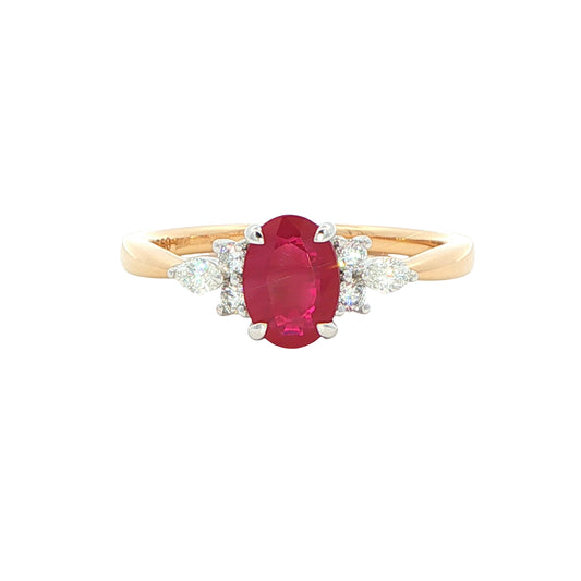 Oval shaped ruby with brilliant and marquise shaped diamond shoulders Gardiner Brothers
