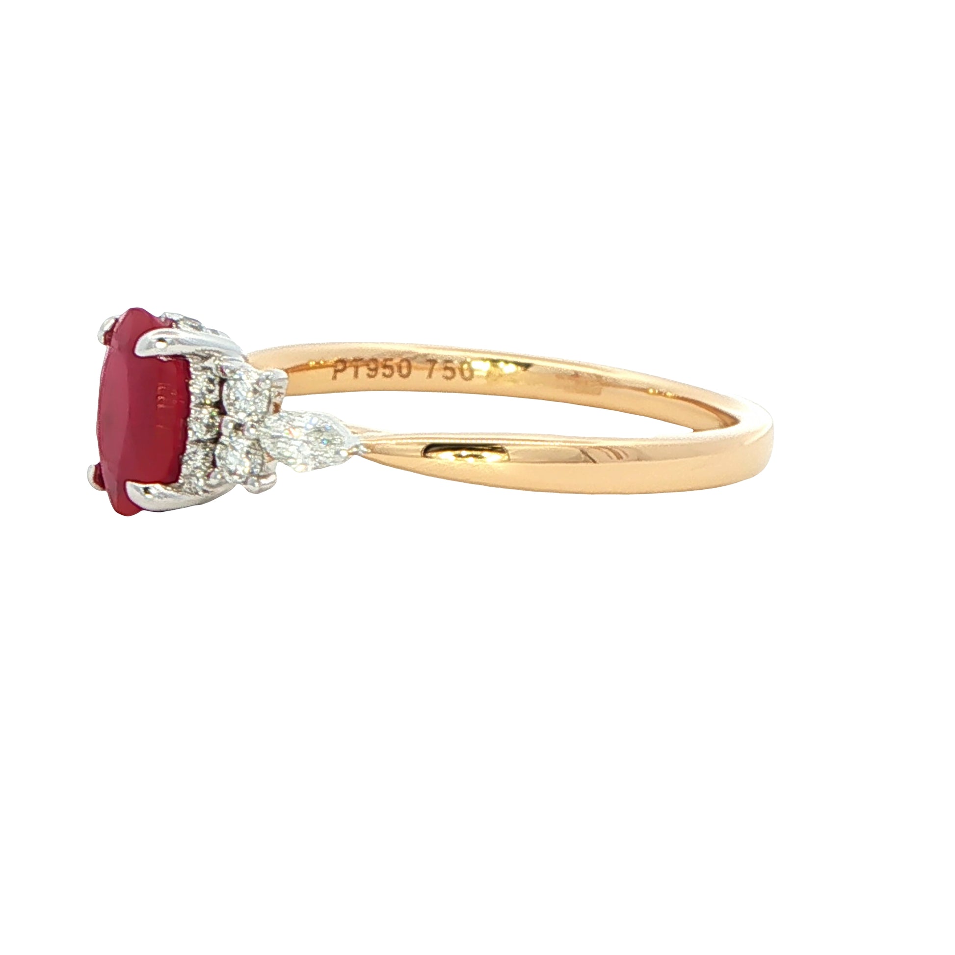 Oval shaped ruby with brilliant and marquise shaped diamond shoulders Gardiner Brothers