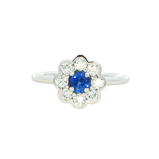 Round sapphire and round brilliant cut diamond cluster style ring Gardiner Brothers