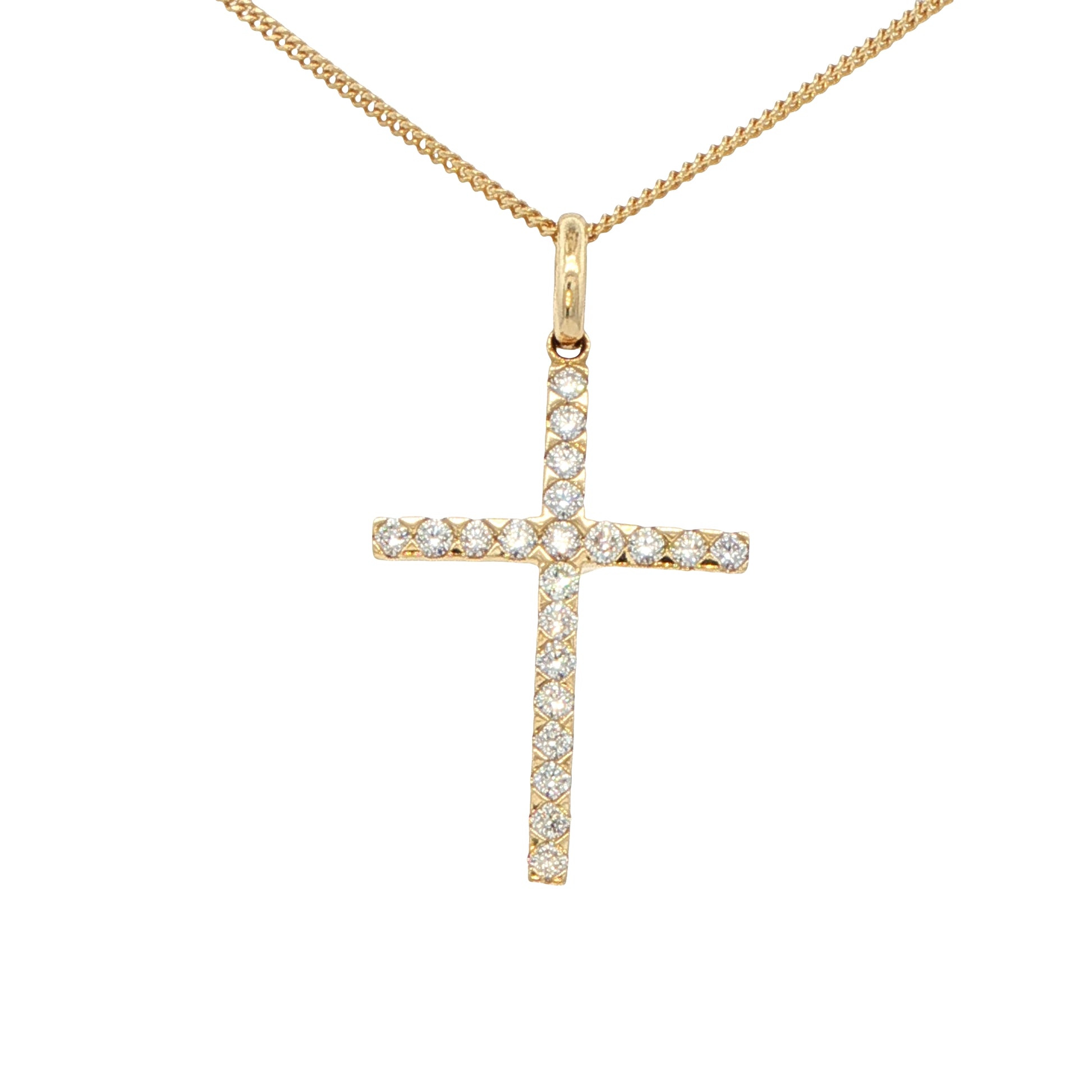Round Brilliant cut diamond yellow gold cross pendant Gardiner Brothers