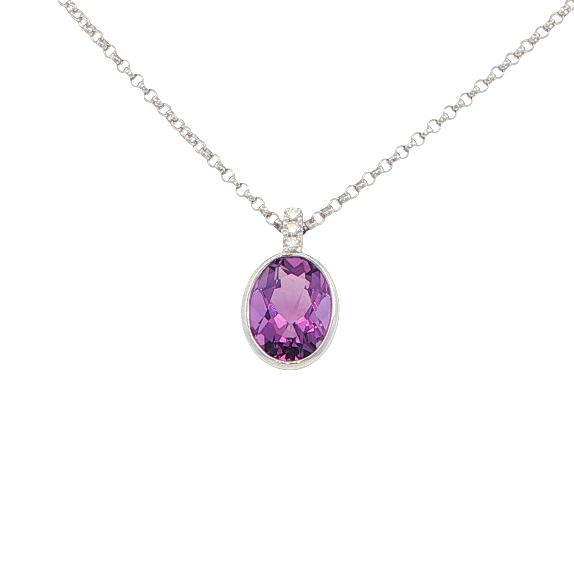 Oval shaped Amethyst and round brilliant cut diamond set pendant Gardiner Brothers