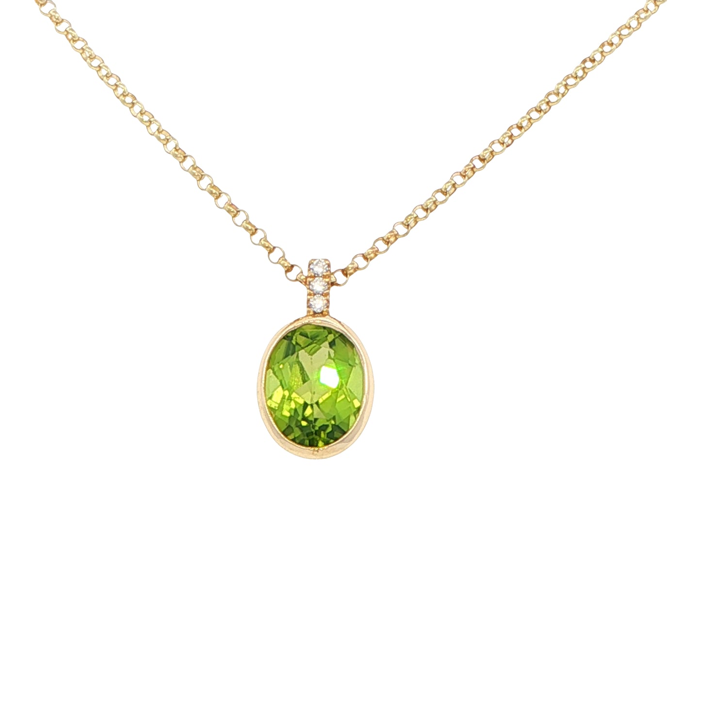 Oval shaped Peridot and round brilliant cut diamond pendant Gardiner Brothers