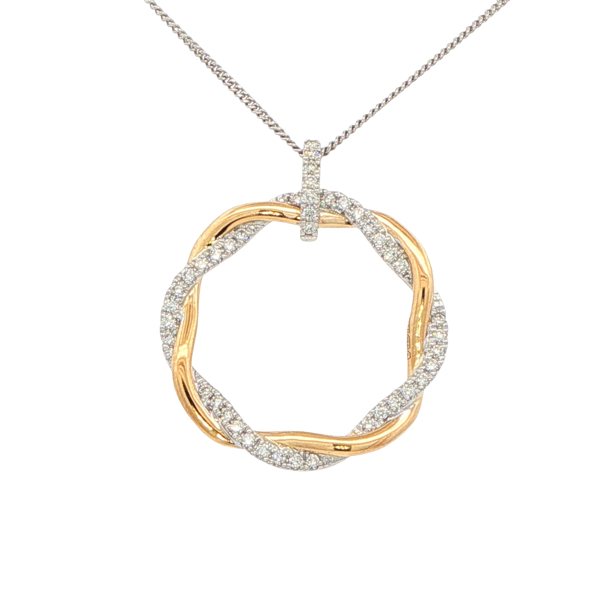 Yellow and white gold intertwined diamond set circles pendant Gardiner Brothers