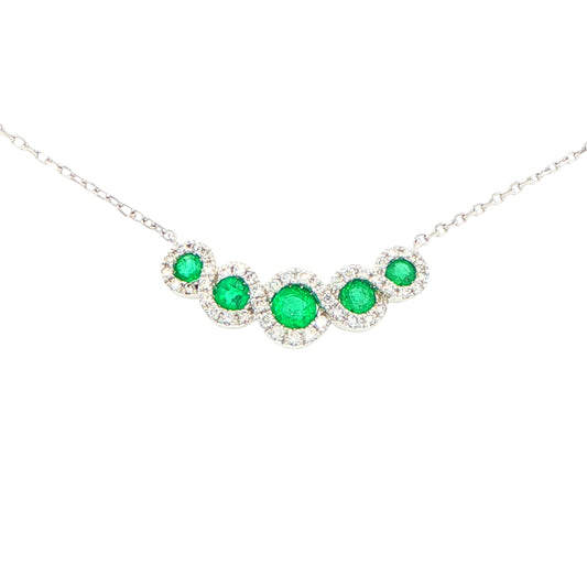 5 stone Emerald and round brilliant cut diamond halo style necklet Gardiner Brothers