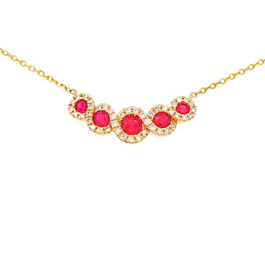 5 round rubies set with a halo of round brilliant cut diamonds necklet Gardiner Brothers