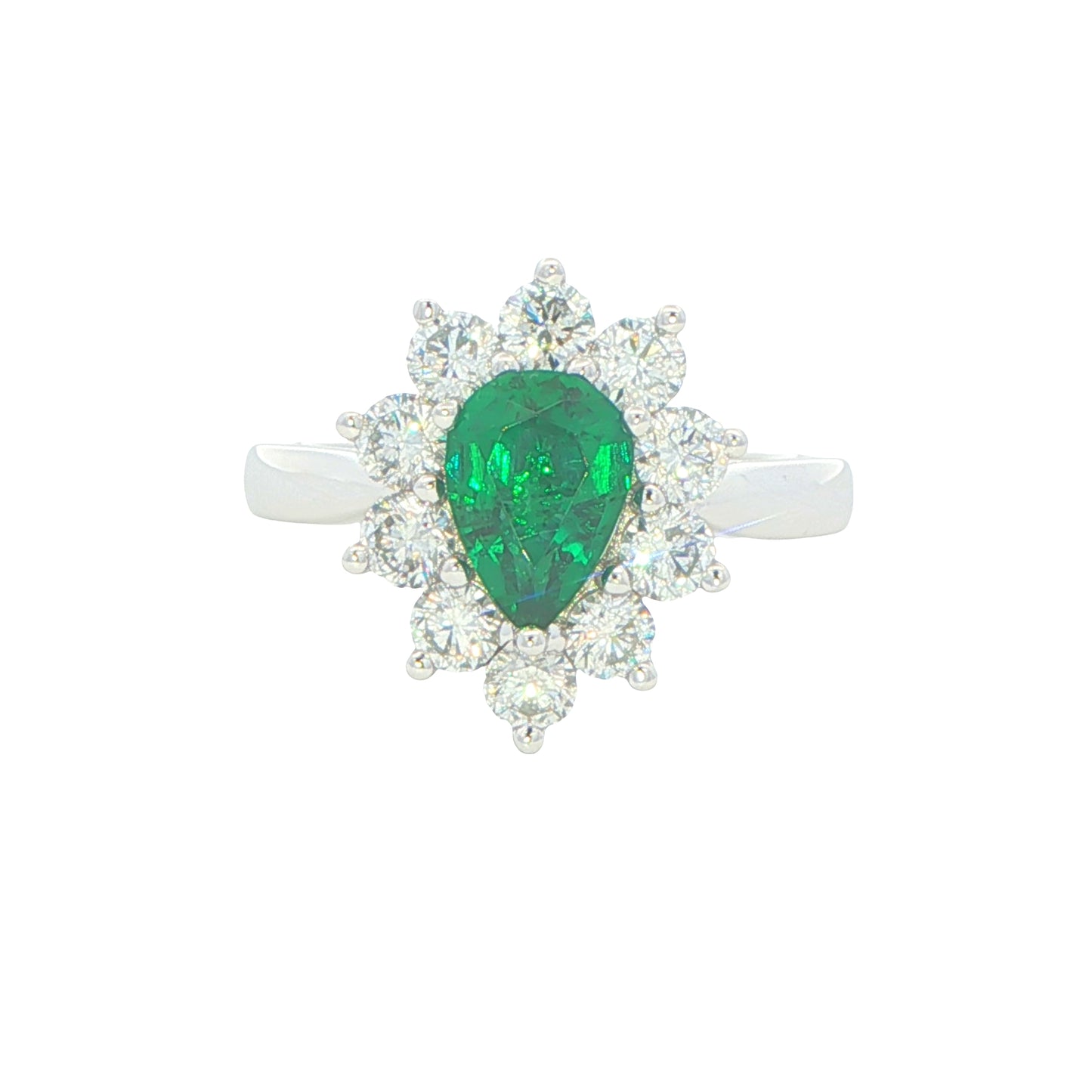 Pear Shaped emerald and round brilliant cut diamond cluster ring
