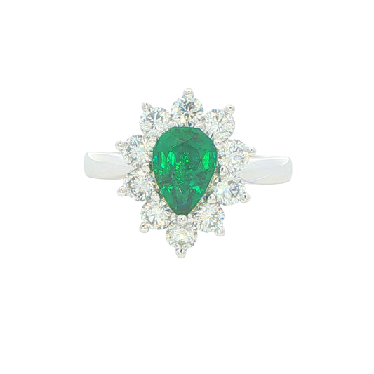 Pear Shaped emerald and round brilliant cut diamond cluster ring