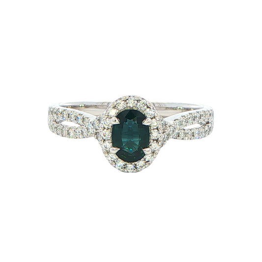 Teal sapphire and Diamond Halo Ring with Twisted Shoulders Gardiner Brothers