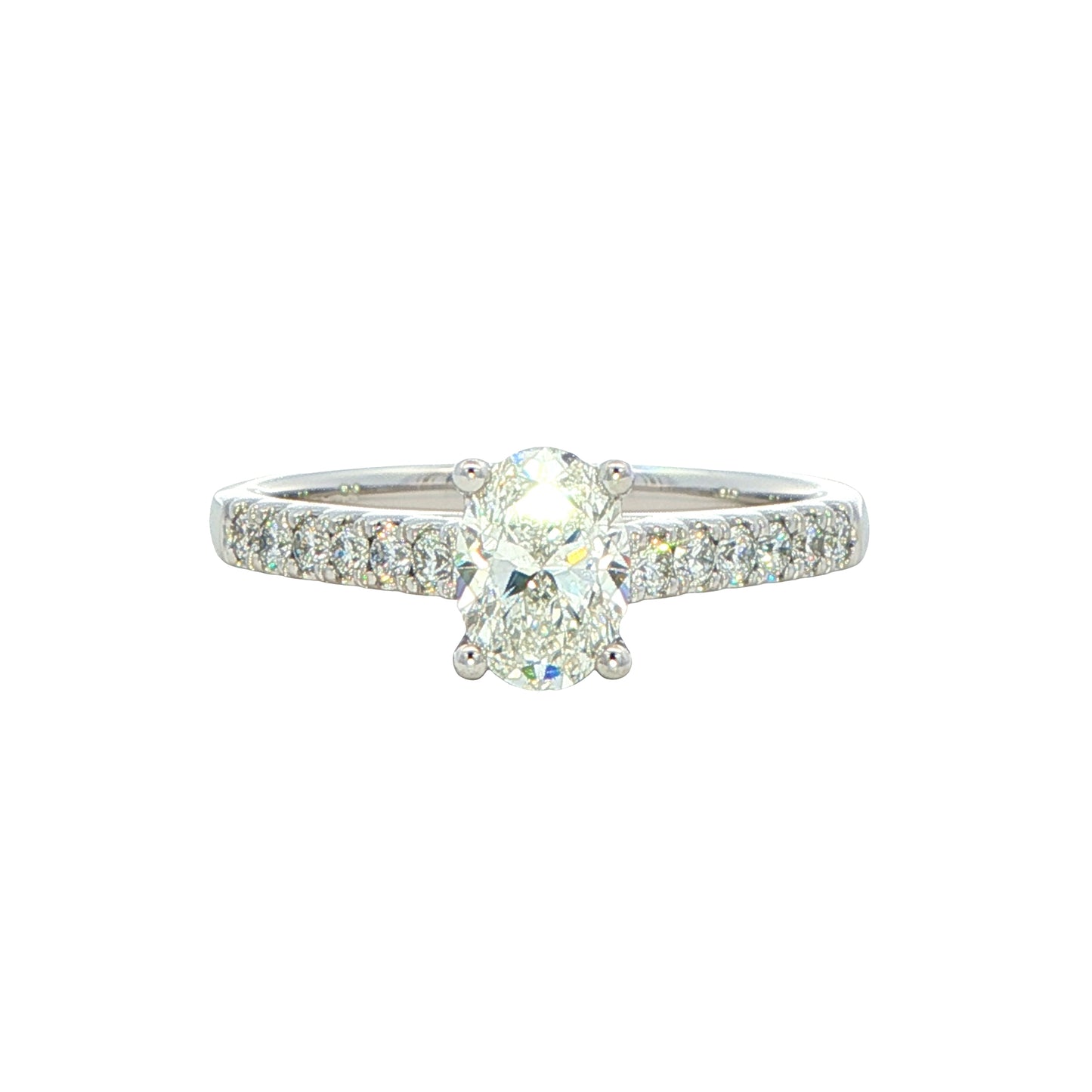 Oval shaped diamond solitaire with round brilliant cut diamond set shoulders - 0.95cts Gardiner Brothers