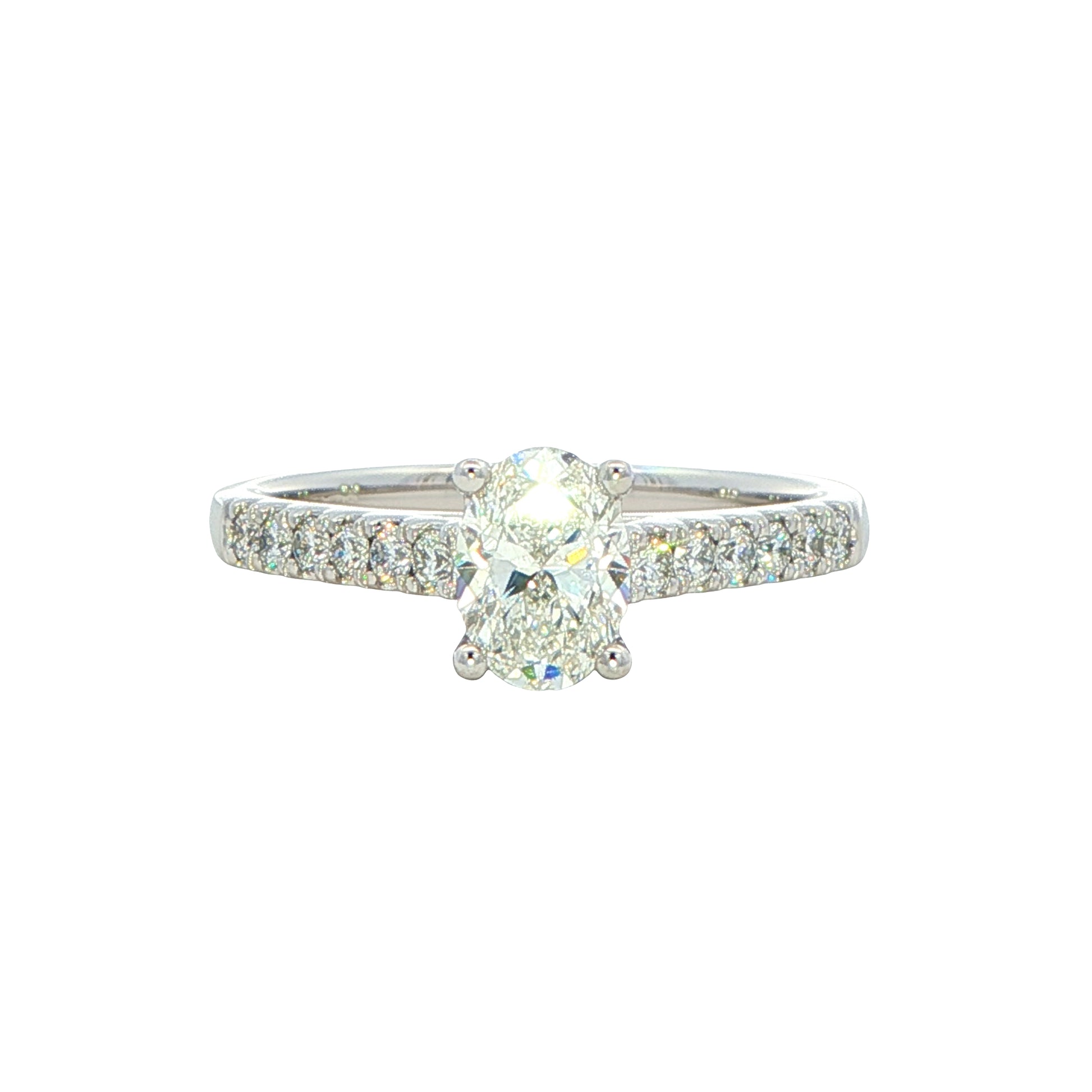 Oval shaped diamond solitaire with round brilliant cut diamond set shoulders - 0.95cts Gardiner Brothers
