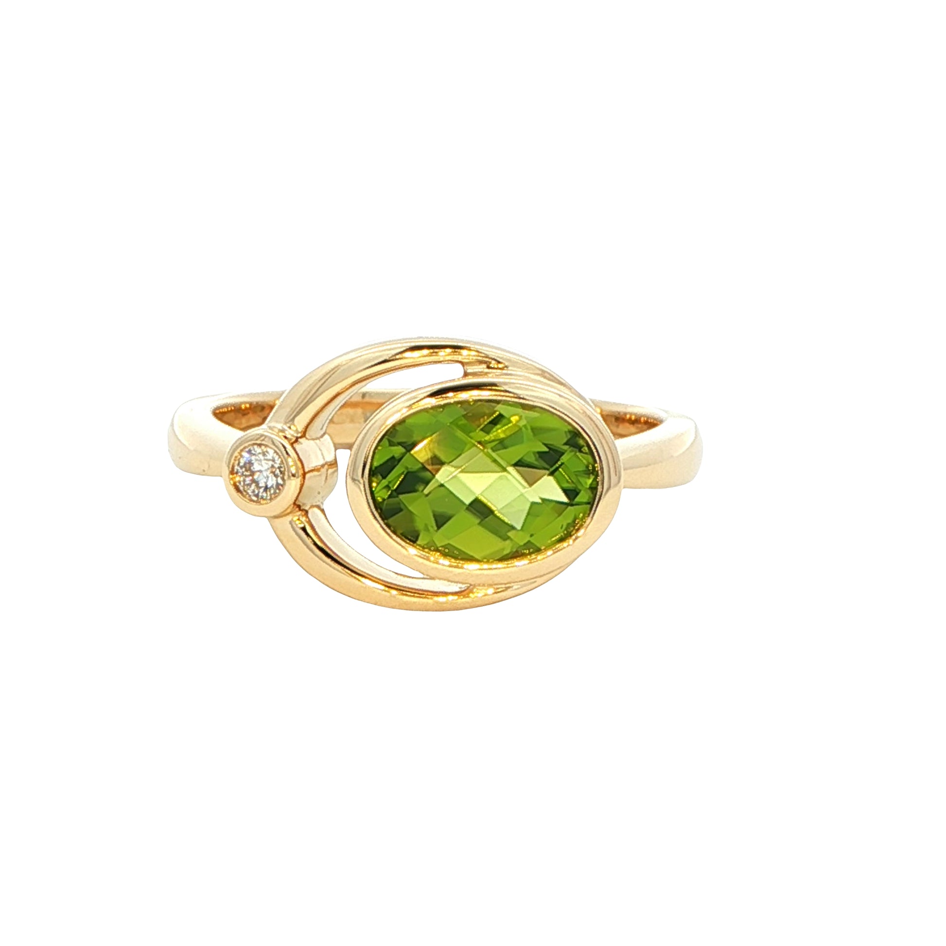 Oval shaped Peridot and round brilliant cut diamond dress ring Gardiner Brothers