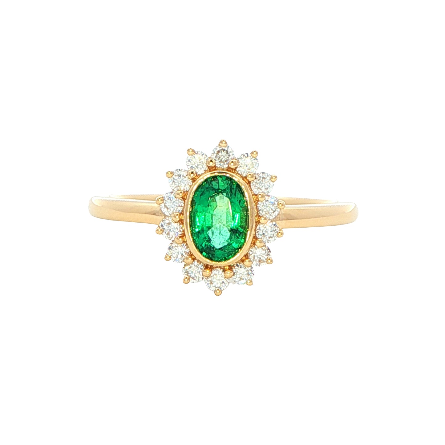 Oval emerald and round brilliant cut diamond cluster ring Gardiner Brothers