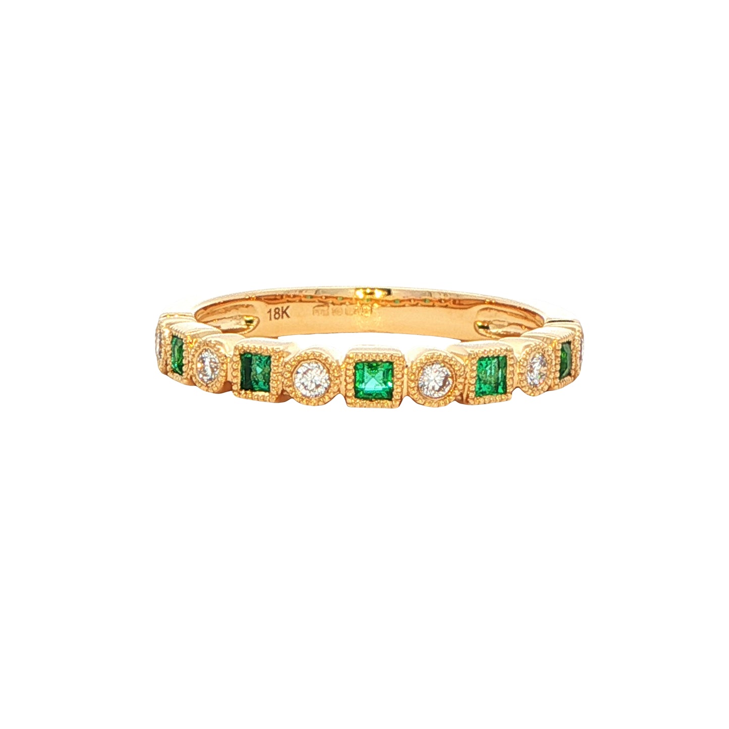 Square Emerald and round brilliant cut diamond dress ring
