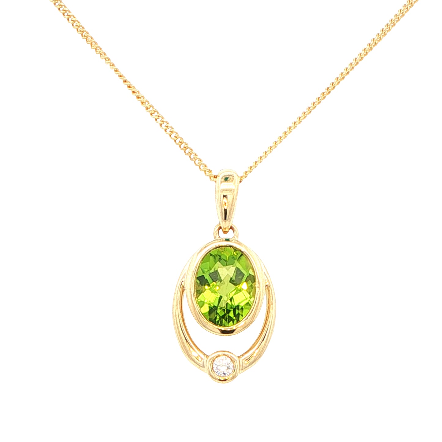 Oval shaped peridot and round brilliant cut diamond pendant Gardiner Brothers