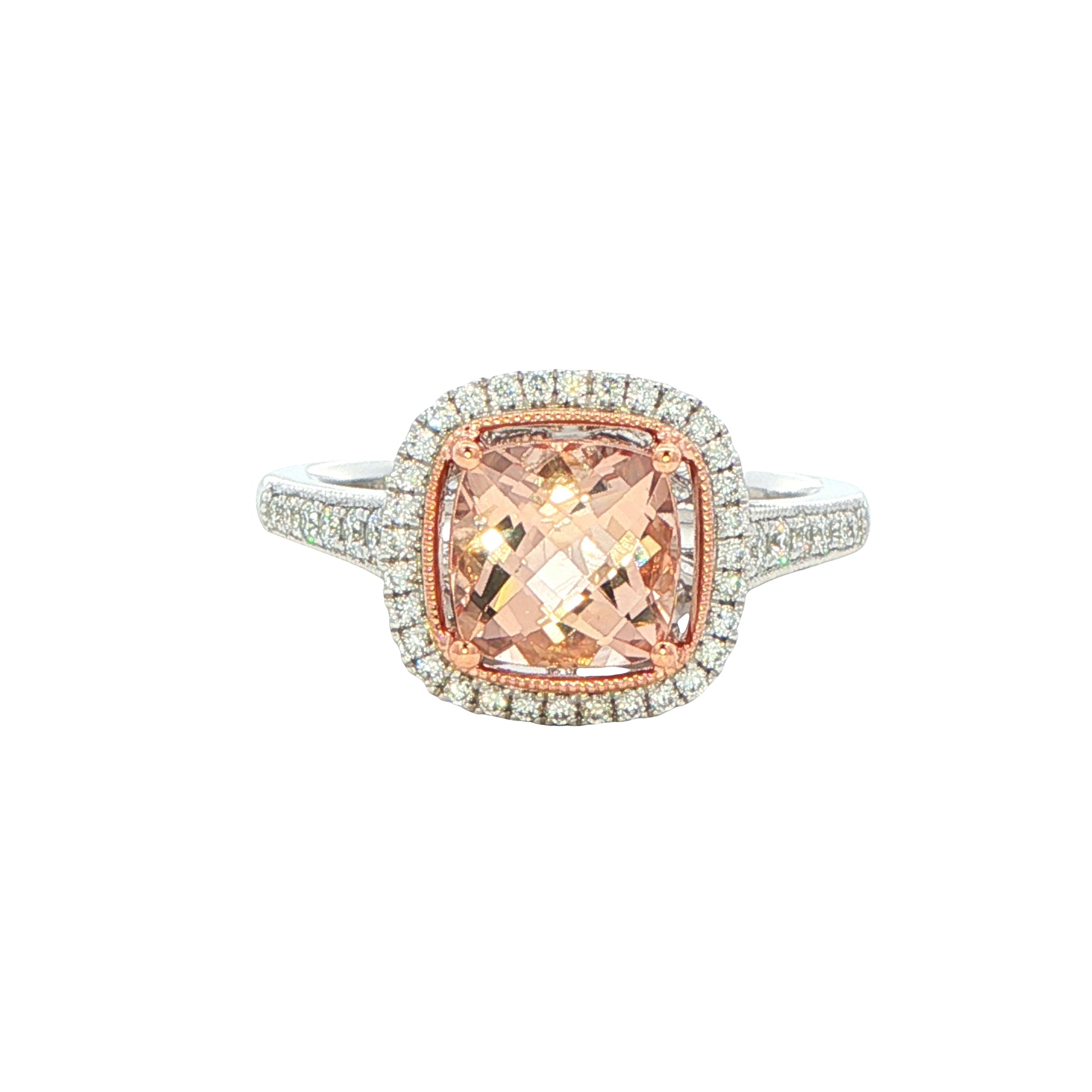 Morganite and Round Brilliant cut Diamond Halo Style Ring Gardiner Brothers