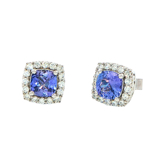 Cushion Shaped Tanzanite and round brilliant cut diamond halo earrings
