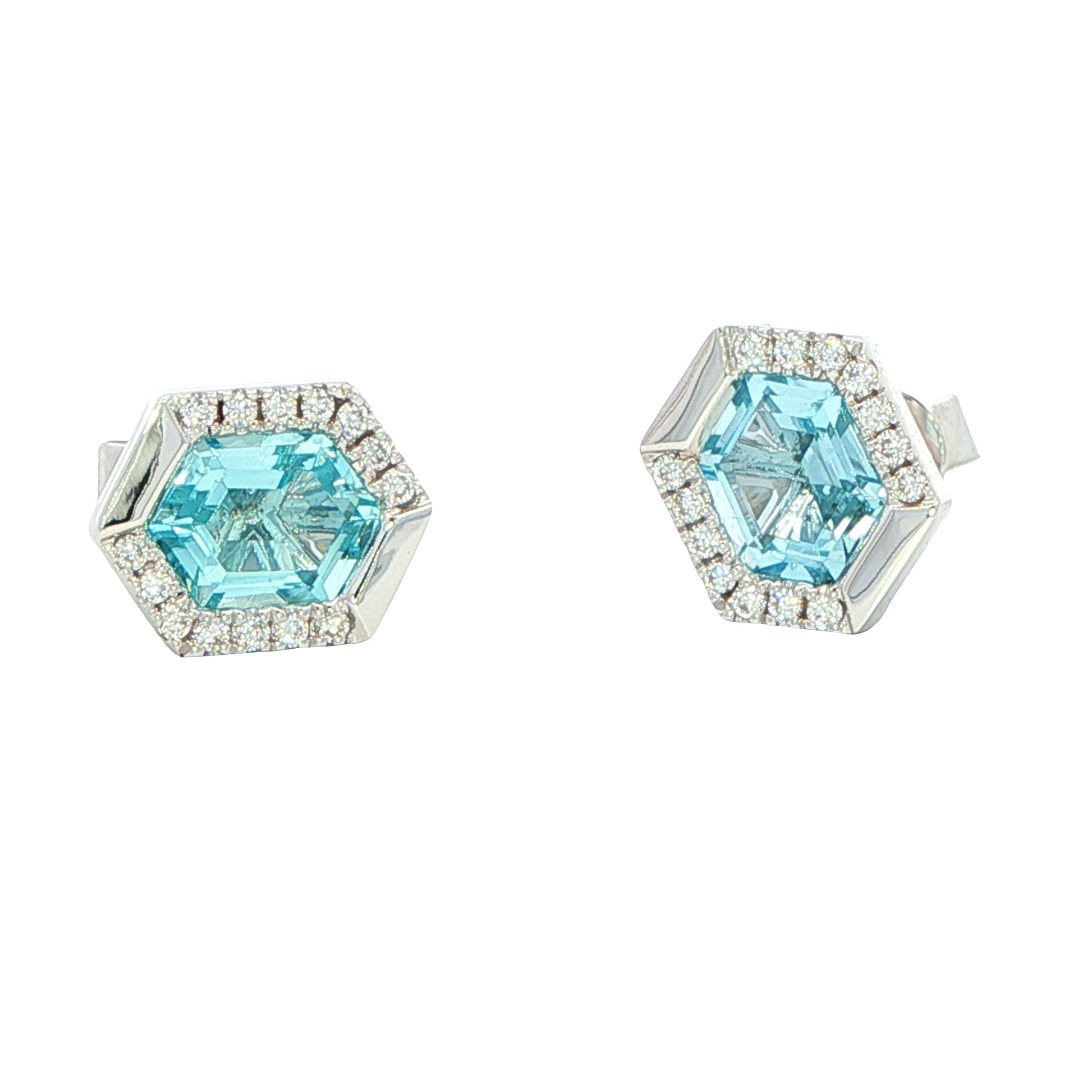 Hexagonal Aquamarine and diamond earrings Gardiner Brothers