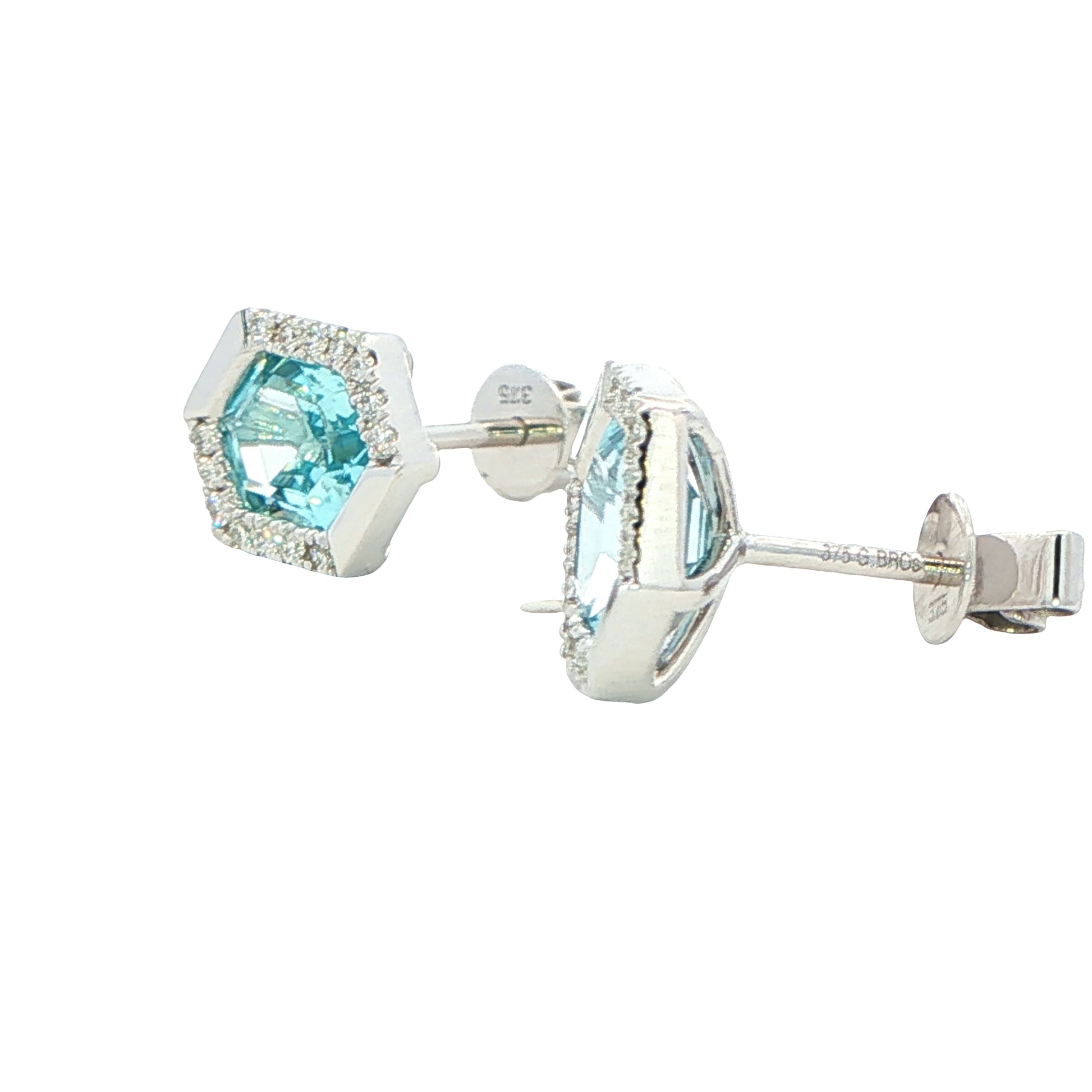 Hexagonal Aquamarine and diamond earrings Gardiner Brothers