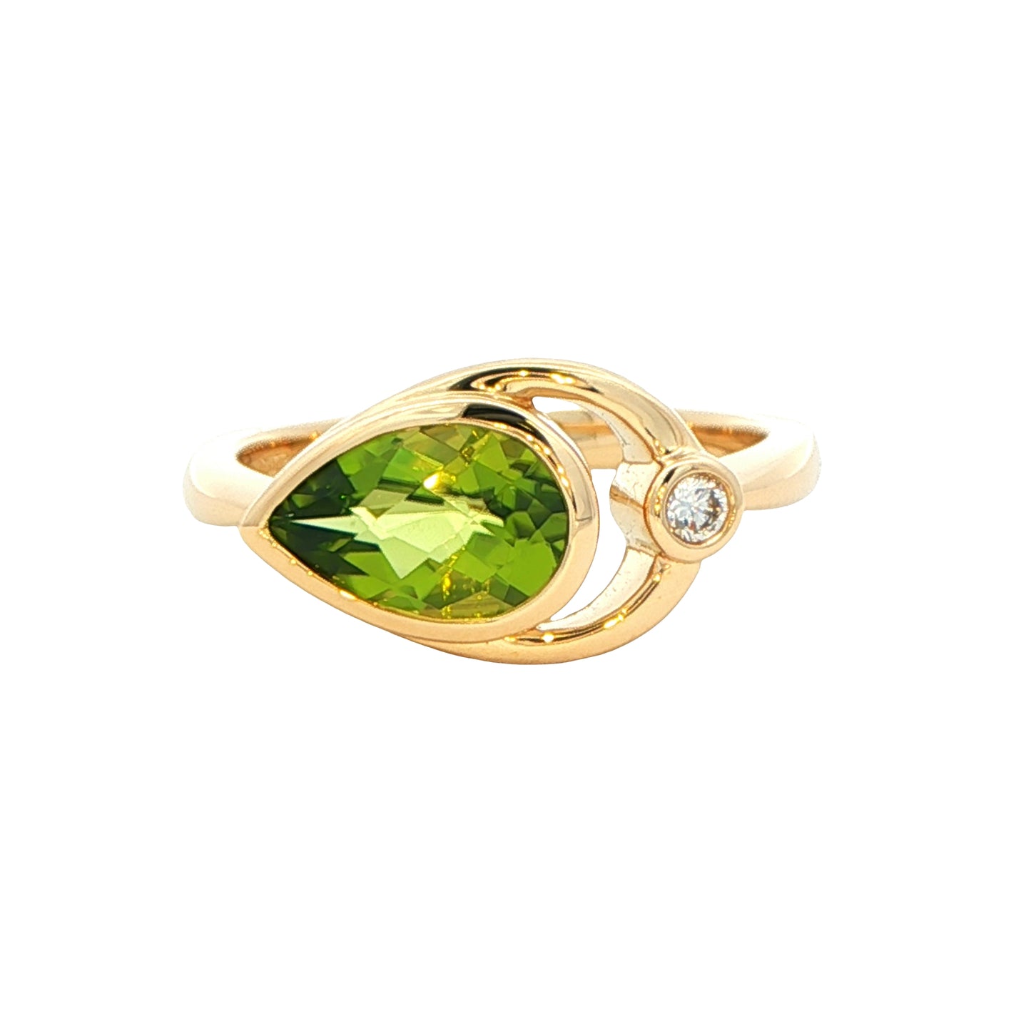 Pear shaped Peridot and round brilliant cut diamond dress ring Gardiner Brothers