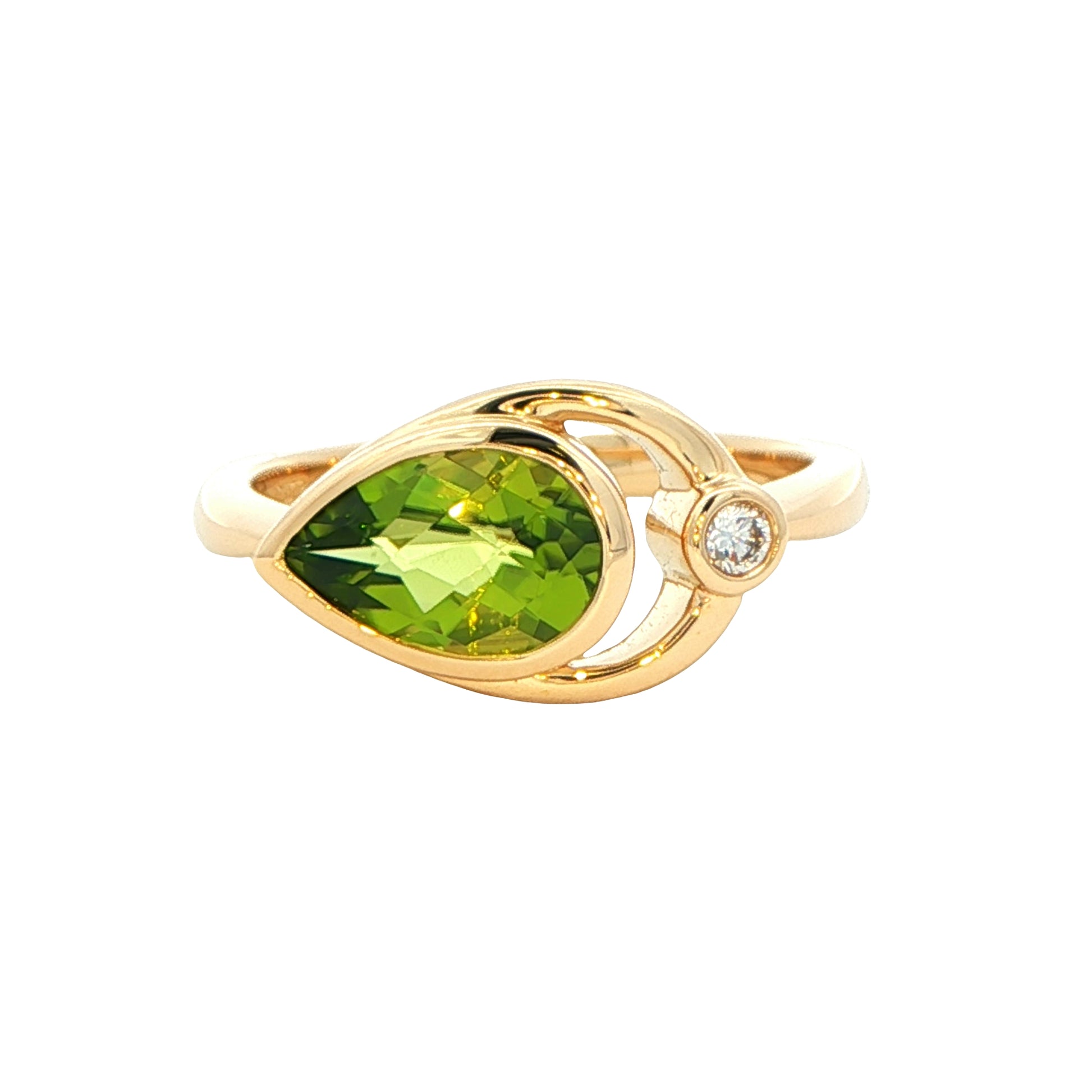 Pear shaped Peridot and round brilliant cut diamond dress ring Gardiner Brothers